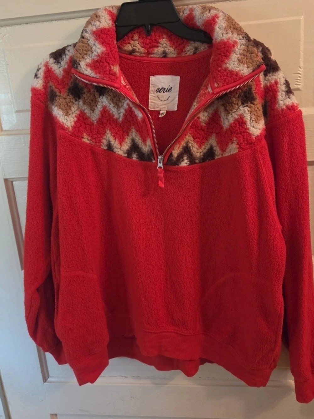 aerie Red Half-Zip Sherpa Pullover with Zigzag Yoke
